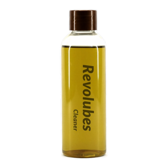 Clear bottle labeled 'Revolubes Cleaner' with a brown cap on a white background