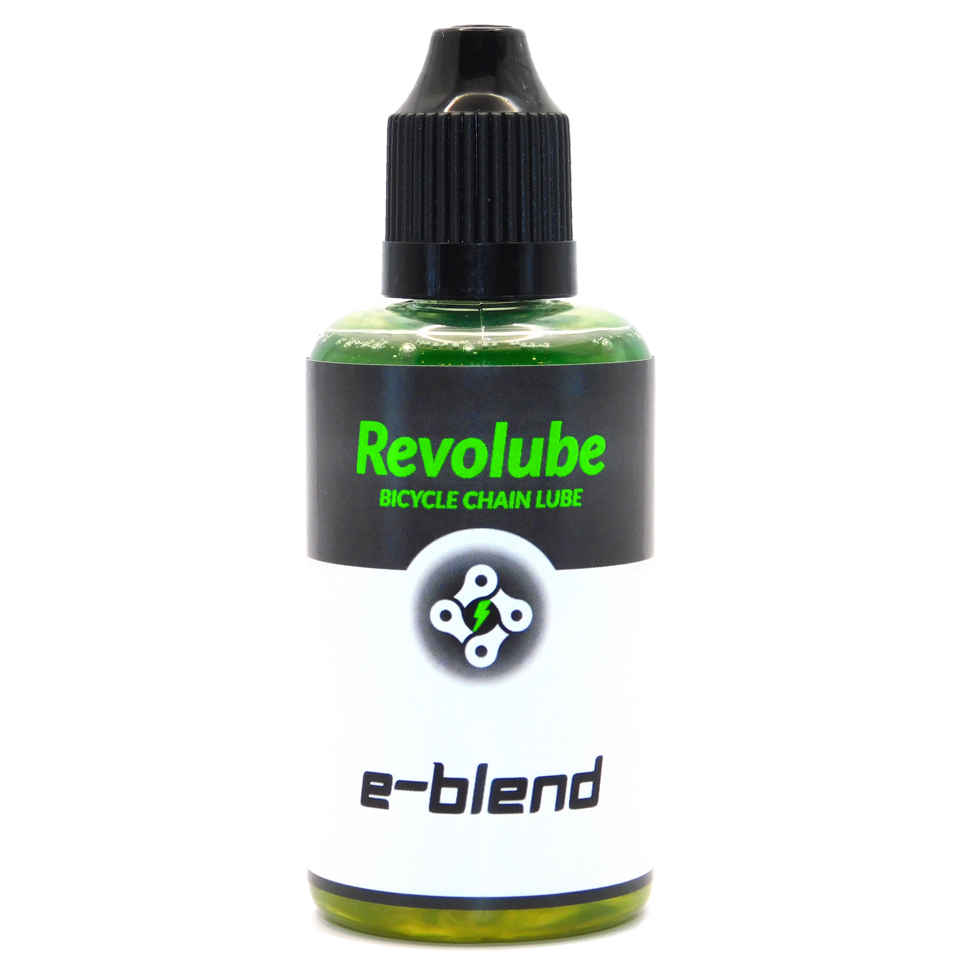 A 50ml plastic bottle of Revolubes e-blend bicycle chain lube with a precision applicator, designed for use in electric bikes.
